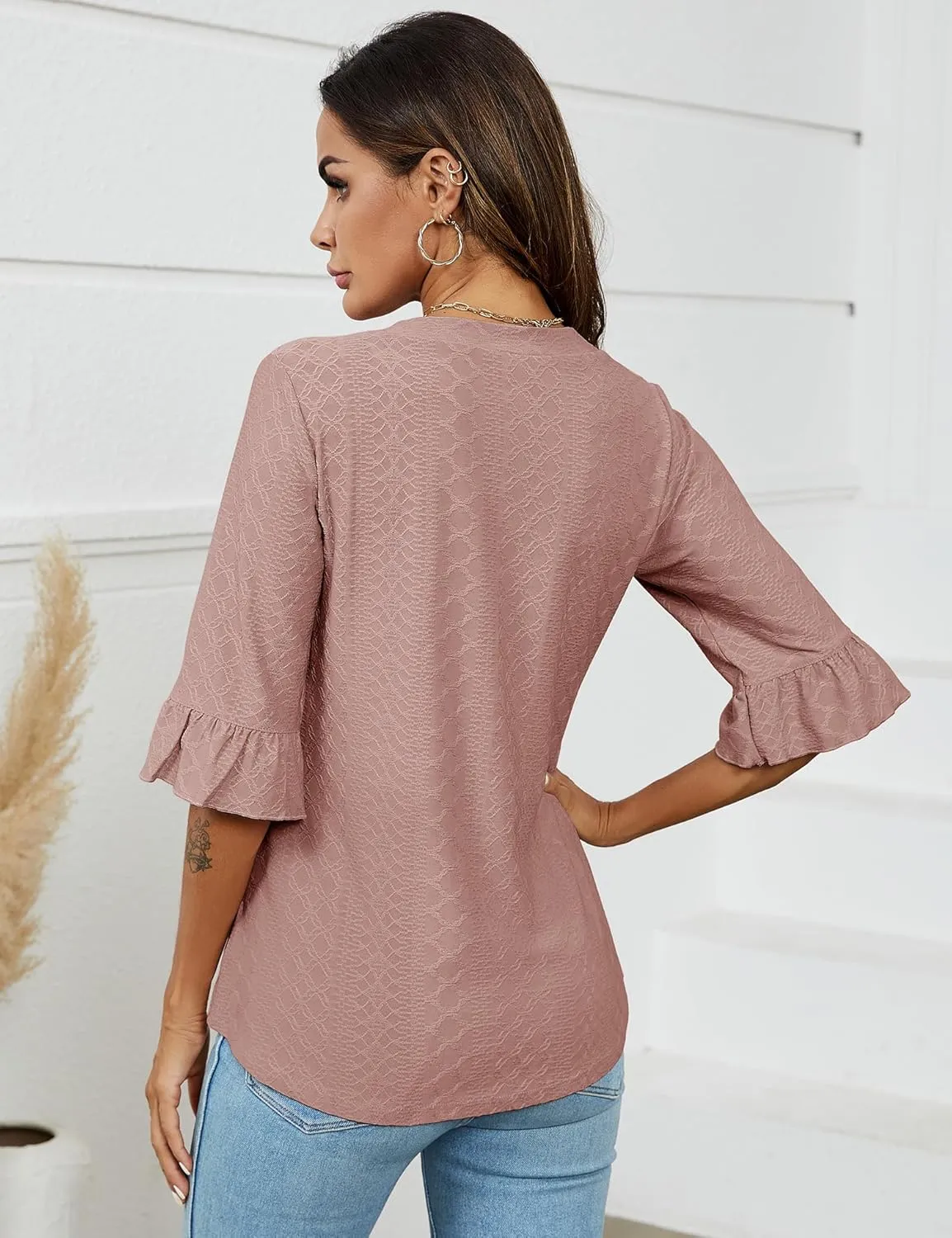 LOMON 3/4 Length Sleeve Womens Tops Summer Loose V-Neck Eyelet T-Shirts Dressy Casual Ruffle Sleeve Tunic Blouses