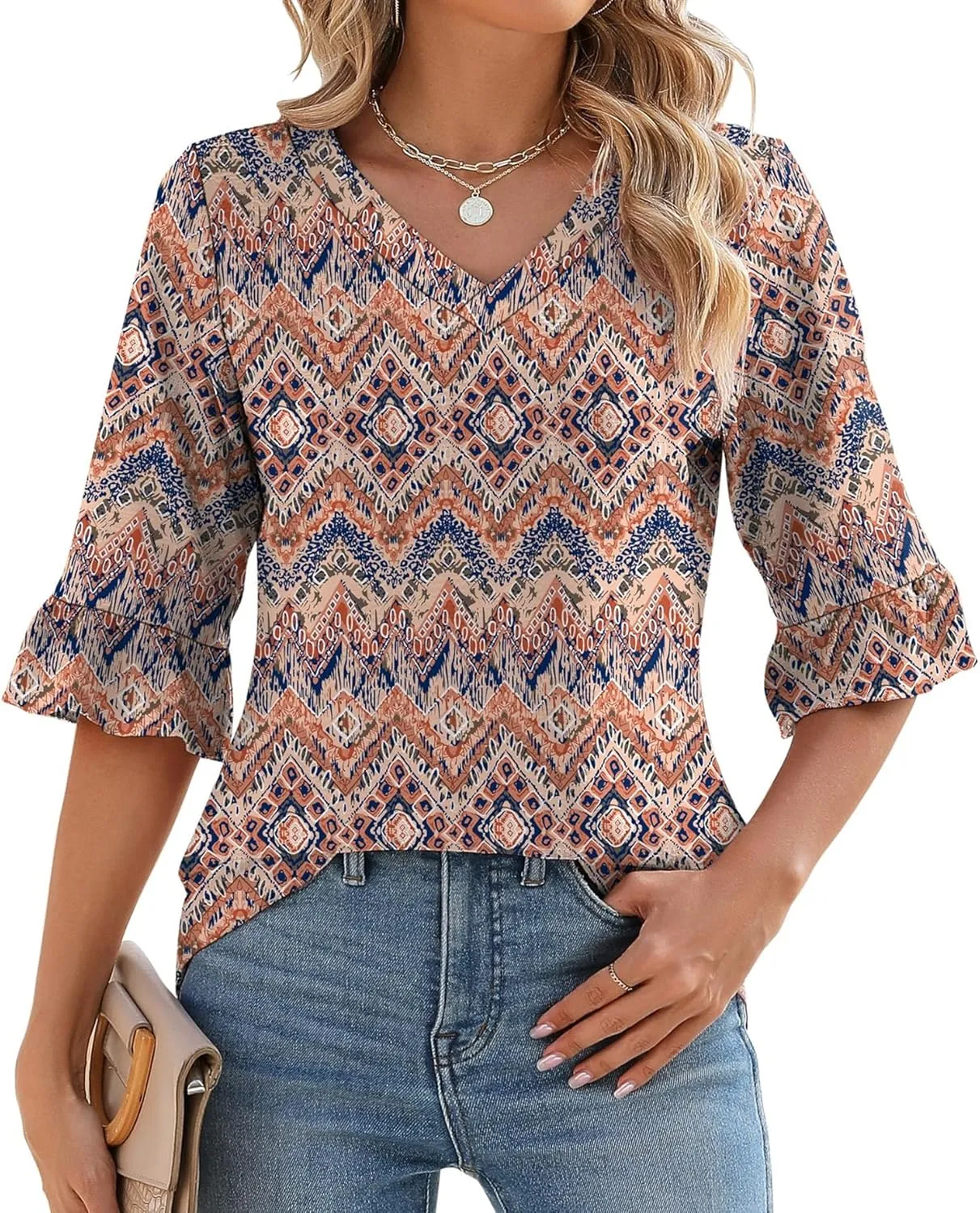 LOMON 3/4 Length Sleeve Womens Tops Summer Loose V-Neck Eyelet T-Shirts Dressy Casual Ruffle Sleeve Tunic Blouses