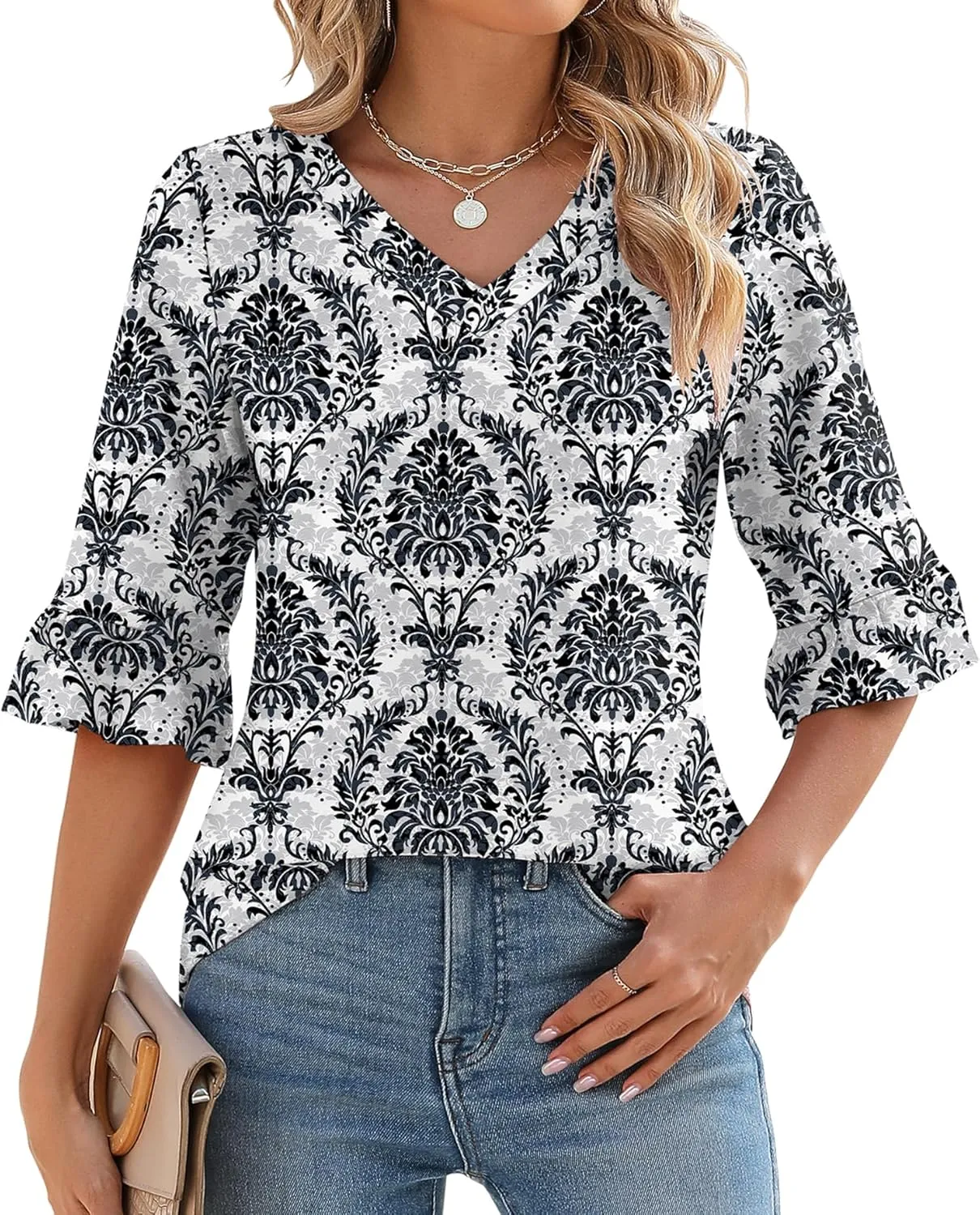 LOMON 3/4 Length Sleeve Womens Tops Summer Loose V-Neck Eyelet T-Shirts Dressy Casual Ruffle Sleeve Tunic Blouses