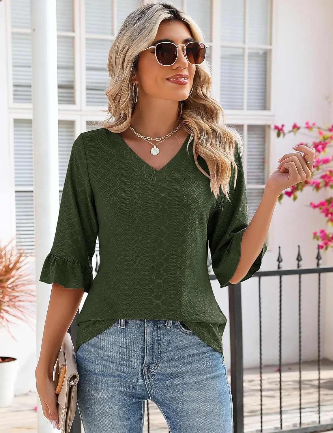 LOMON 3/4 Length Sleeve Womens Tops Summer Loose V-Neck Eyelet T-Shirts Dressy Casual Ruffle Sleeve Tunic Blouses