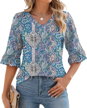 LOMON 3/4 Length Sleeve Womens Tops Summer Loose V-Neck Eyelet T-Shirts Dressy Casual Ruffle Sleeve Tunic Blouses
