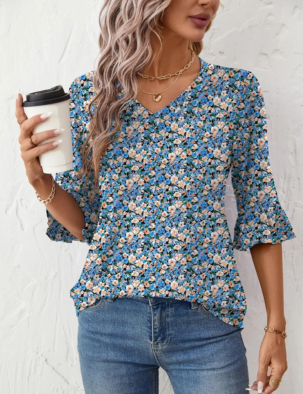 LOMON 3/4 Length Sleeve Womens Tops Summer Loose V-Neck Eyelet T-Shirts Dressy Casual Ruffle Sleeve Tunic Blouses