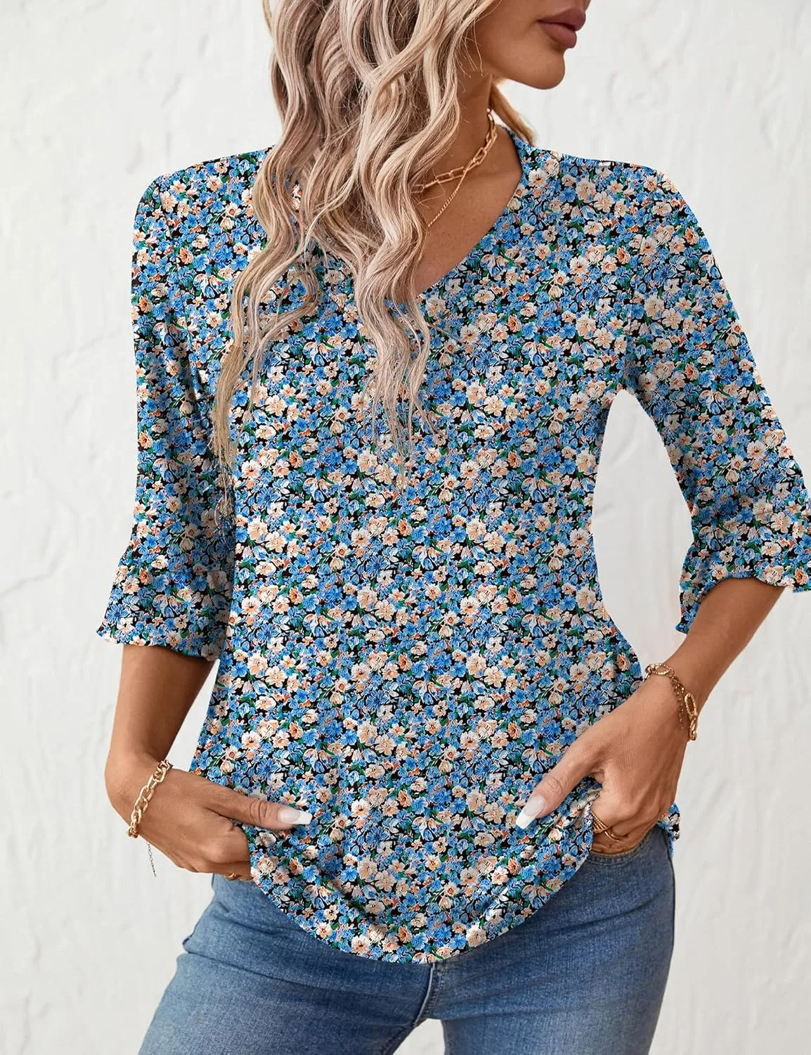 LOMON 3/4 Length Sleeve Womens Tops Summer Loose V-Neck Eyelet T-Shirts Dressy Casual Ruffle Sleeve Tunic Blouses