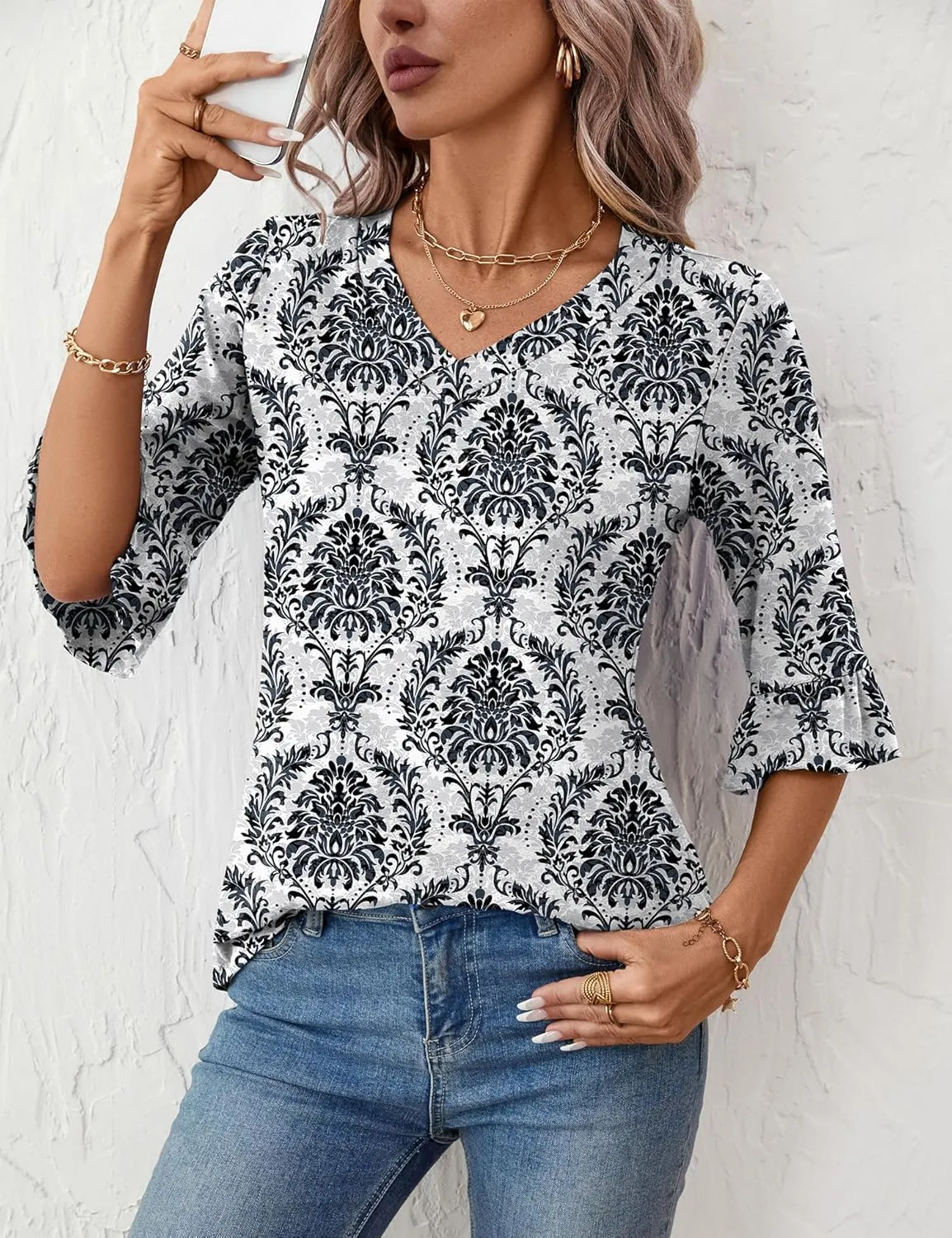 LOMON 3/4 Length Sleeve Womens Tops Summer Loose V-Neck Eyelet T-Shirts Dressy Casual Ruffle Sleeve Tunic Blouses