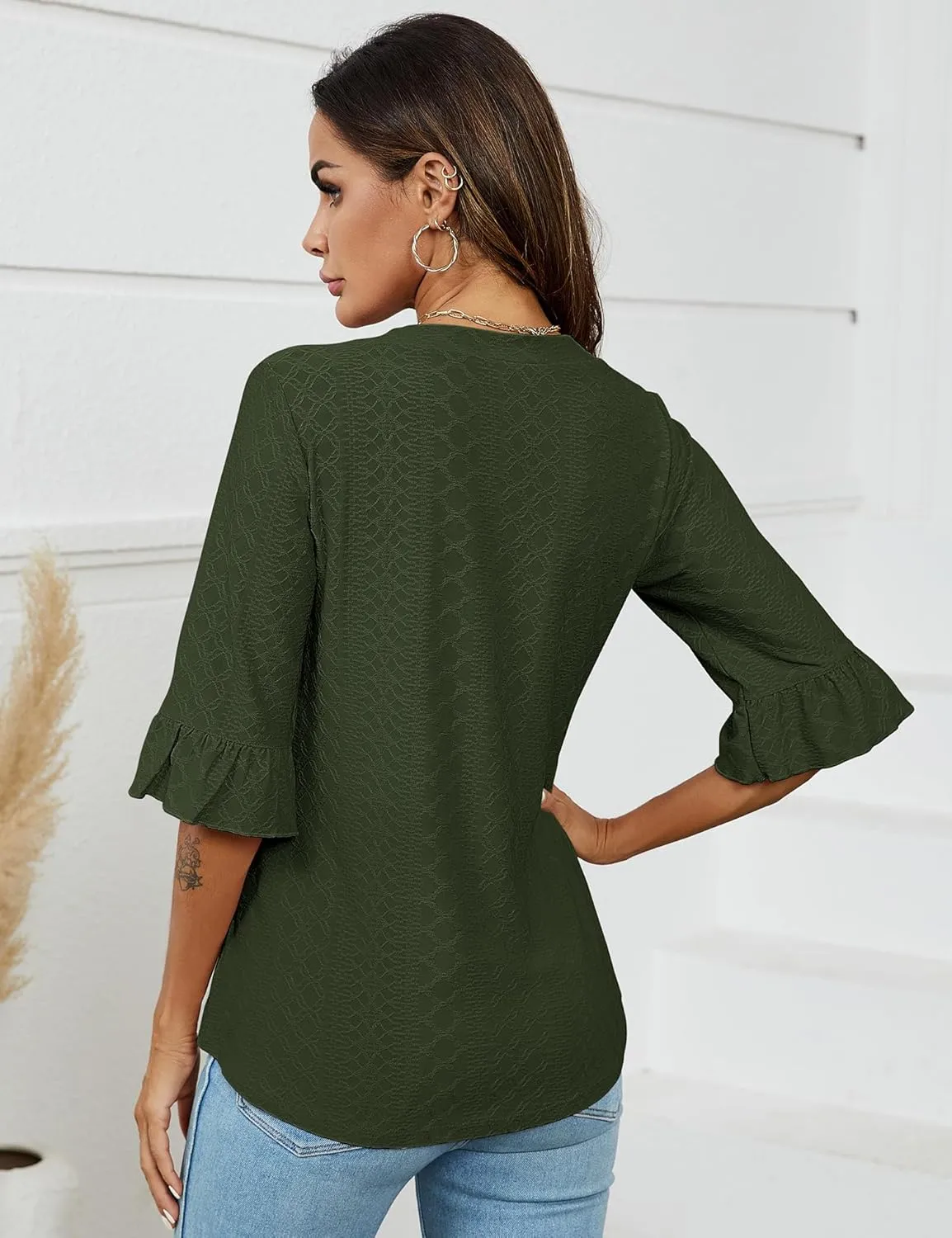 LOMON 3/4 Length Sleeve Womens Tops Summer Loose V-Neck Eyelet T-Shirts Dressy Casual Ruffle Sleeve Tunic Blouses