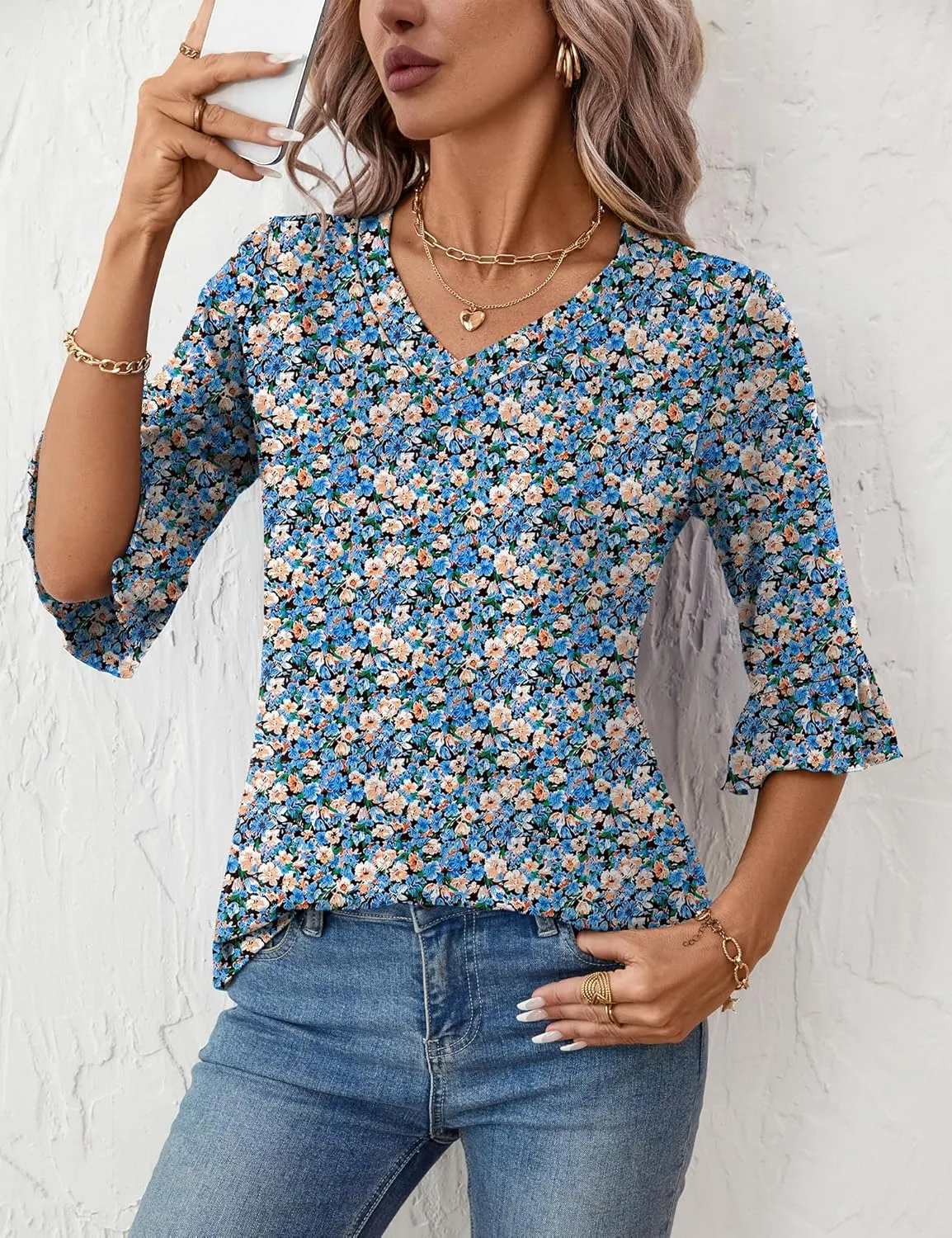 LOMON 3/4 Length Sleeve Womens Tops Summer Loose V-Neck Eyelet T-Shirts Dressy Casual Ruffle Sleeve Tunic Blouses