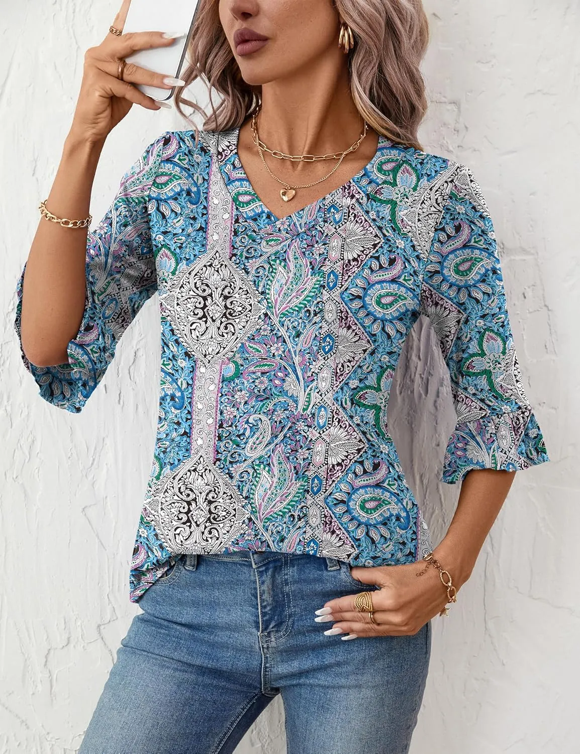 LOMON 3/4 Length Sleeve Womens Tops Summer Loose V-Neck Eyelet T-Shirts Dressy Casual Ruffle Sleeve Tunic Blouses