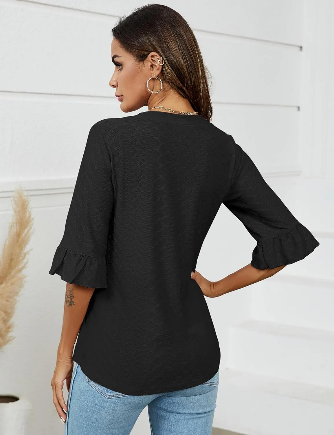 LOMON 3/4 Length Sleeve Womens Tops Summer Loose V-Neck Eyelet T-Shirts Dressy Casual Ruffle Sleeve Tunic Blouses