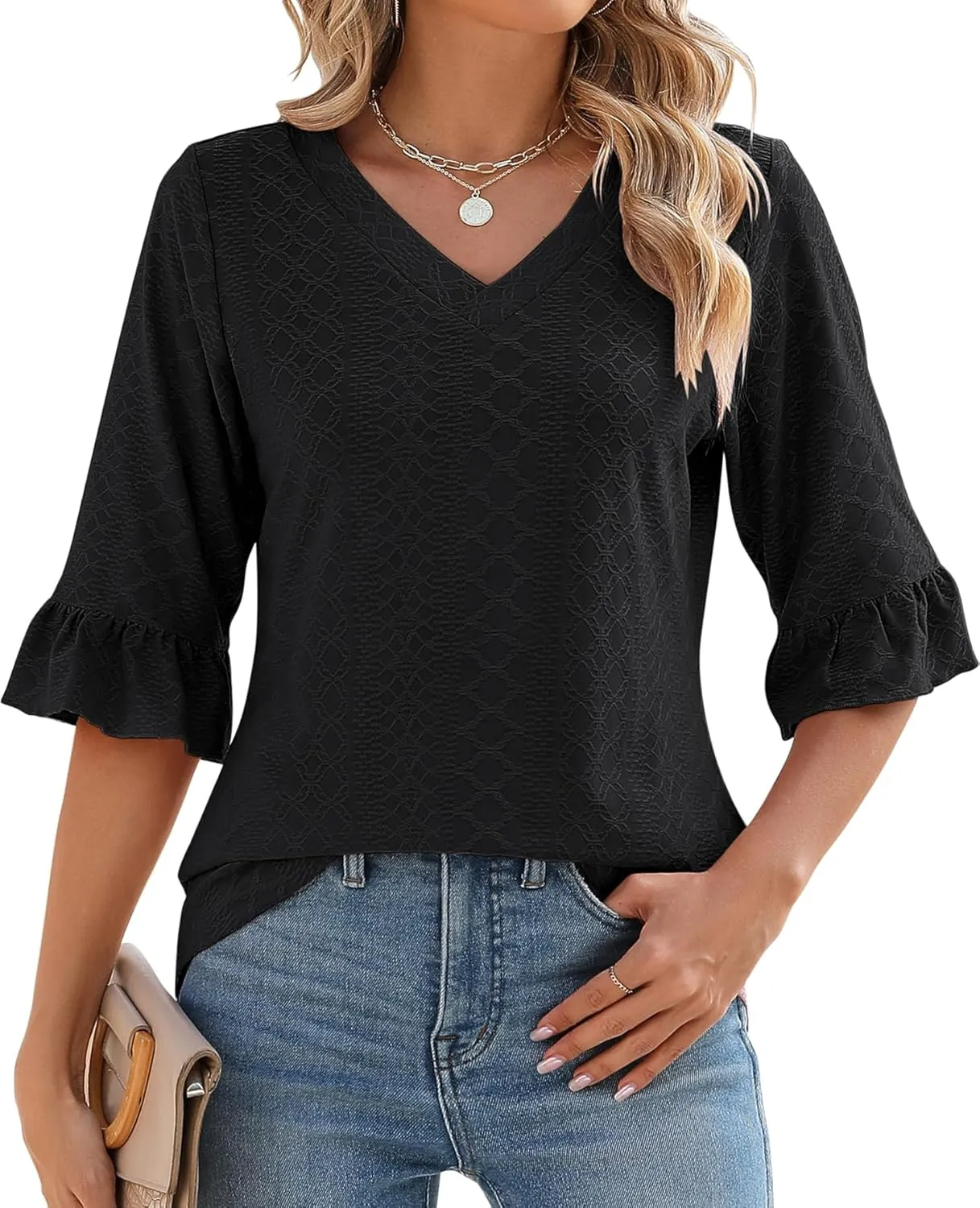 LOMON 3/4 Length Sleeve Womens Tops Summer Loose V-Neck Eyelet T-Shirts Dressy Casual Ruffle Sleeve Tunic Blouses