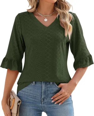LOMON 3/4 Length Sleeve Womens Tops Summer Loose V-Neck Eyelet T-Shirts Dressy Casual Ruffle Sleeve Tunic Blouses