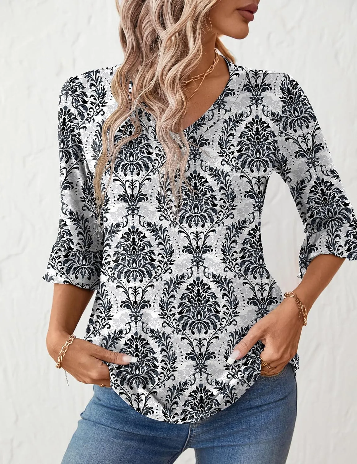 LOMON 3/4 Length Sleeve Womens Tops Summer Loose V-Neck Eyelet T-Shirts Dressy Casual Ruffle Sleeve Tunic Blouses