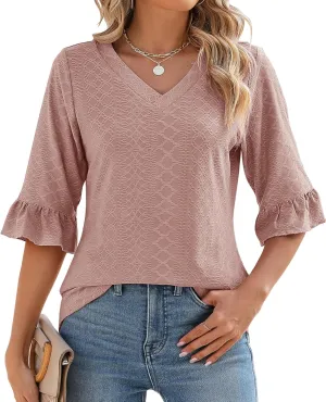 LOMON 3/4 Length Sleeve Womens Tops Summer Loose V-Neck Eyelet T-Shirts Dressy Casual Ruffle Sleeve Tunic Blouses