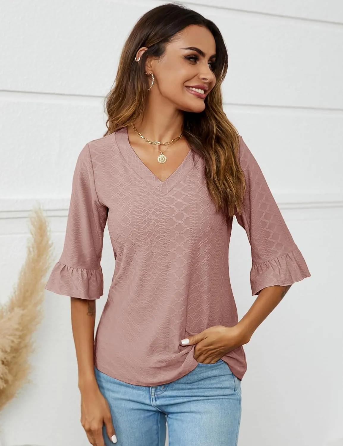 LOMON 3/4 Length Sleeve Womens Tops Summer Loose V-Neck Eyelet T-Shirts Dressy Casual Ruffle Sleeve Tunic Blouses