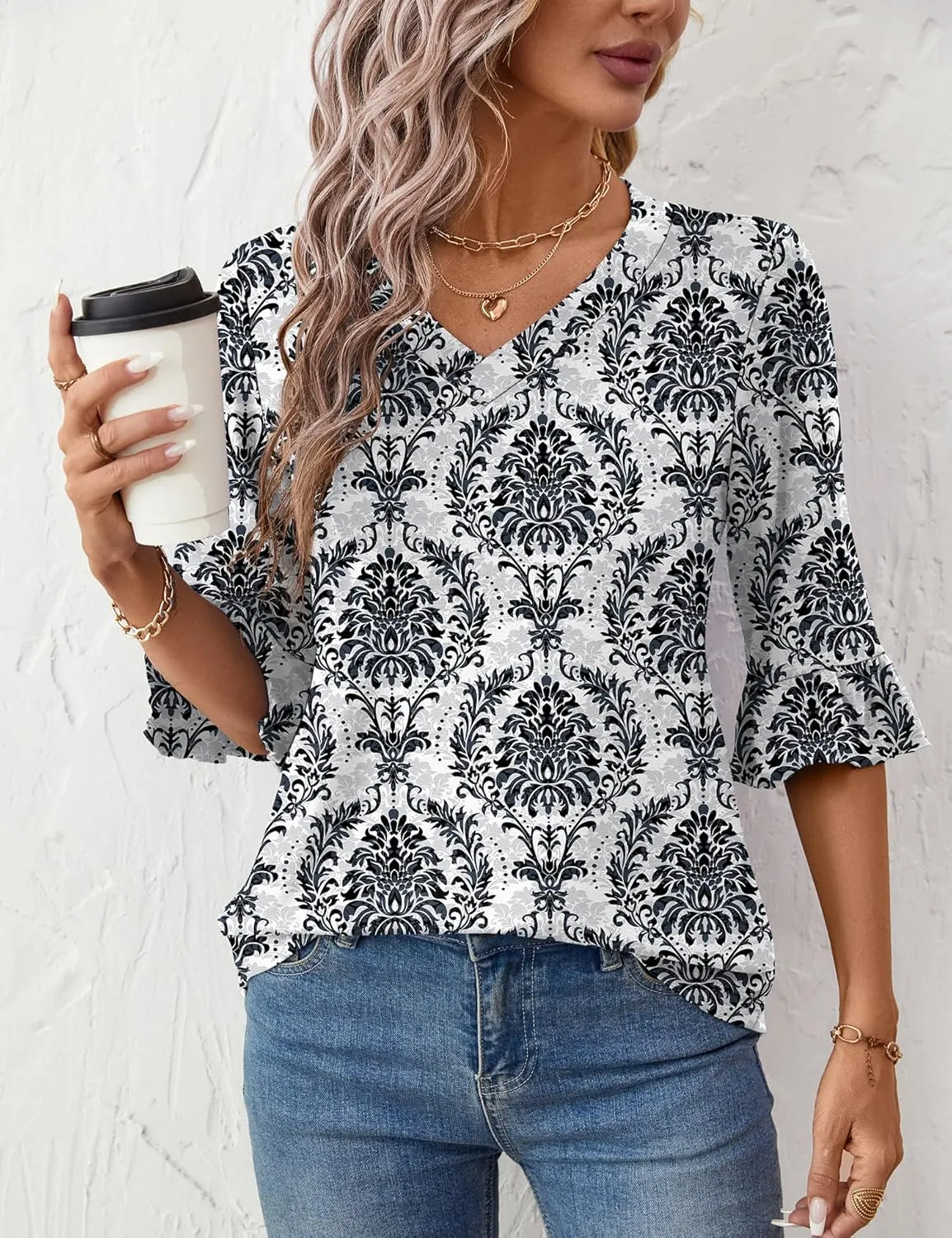LOMON 3/4 Length Sleeve Womens Tops Summer Loose V-Neck Eyelet T-Shirts Dressy Casual Ruffle Sleeve Tunic Blouses