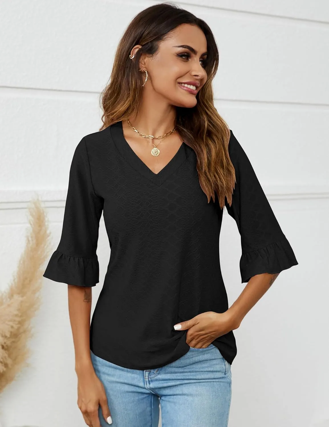 LOMON 3/4 Length Sleeve Womens Tops Summer Loose V-Neck Eyelet T-Shirts Dressy Casual Ruffle Sleeve Tunic Blouses