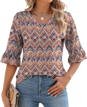 LOMON 3/4 Length Sleeve Womens Tops Summer Loose V-Neck Eyelet T-Shirts Dressy Casual Ruffle Sleeve Tunic Blouses