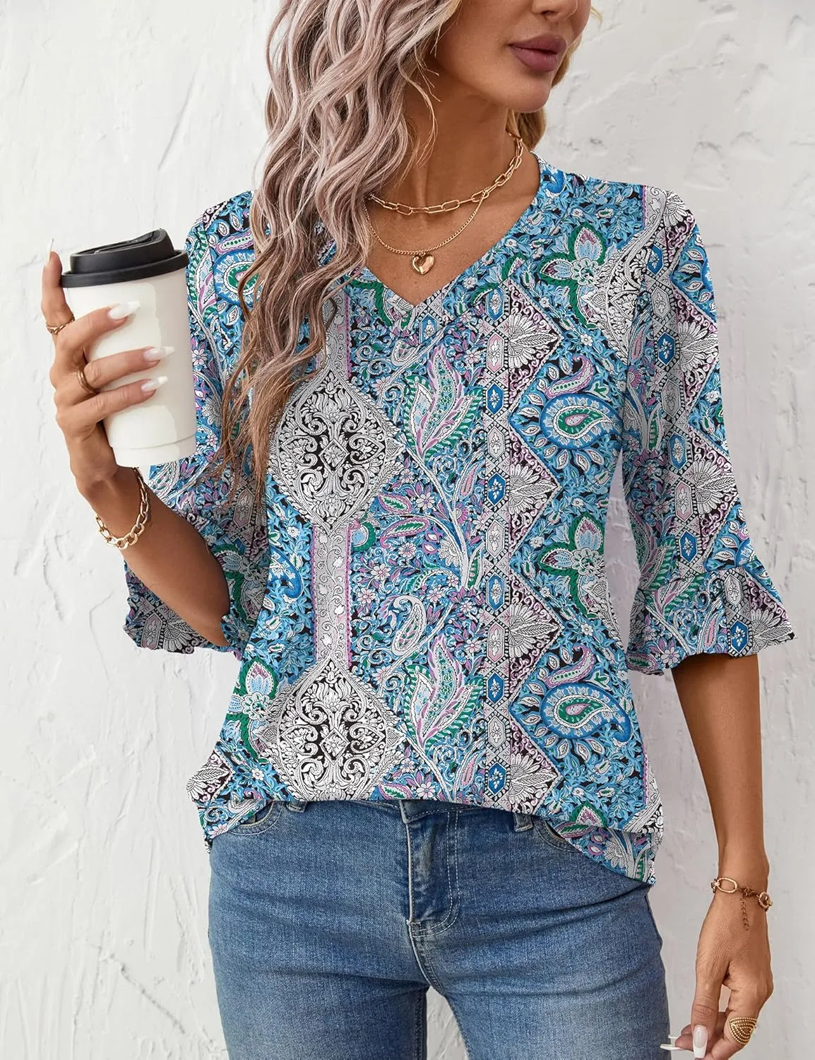 LOMON 3/4 Length Sleeve Womens Tops Summer Loose V-Neck Eyelet T-Shirts Dressy Casual Ruffle Sleeve Tunic Blouses