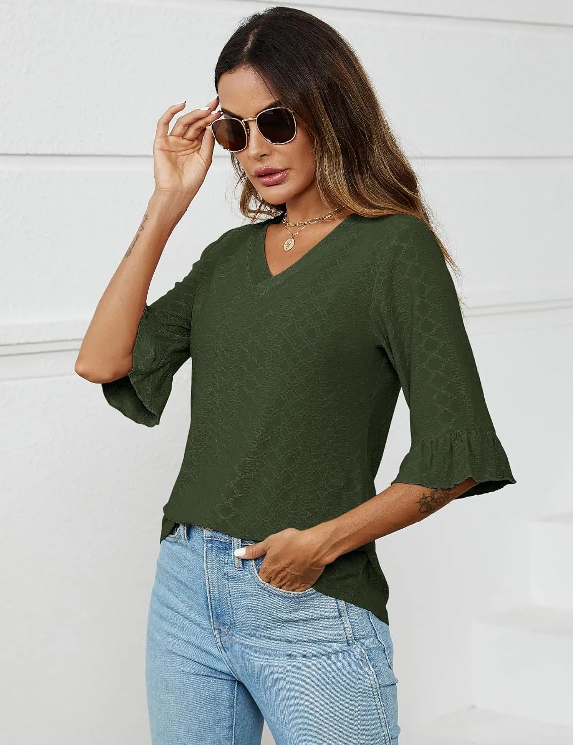 LOMON 3/4 Length Sleeve Womens Tops Summer Loose V-Neck Eyelet T-Shirts Dressy Casual Ruffle Sleeve Tunic Blouses