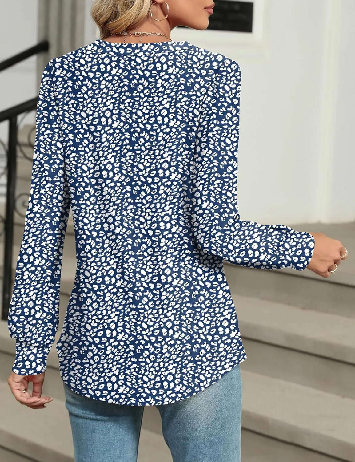 LOMON Womens Long Sleeve Tops Fall V-Neck Blouses Dressy Casual Puff Sleeve Textured T-Shirts Eyelet Tunic