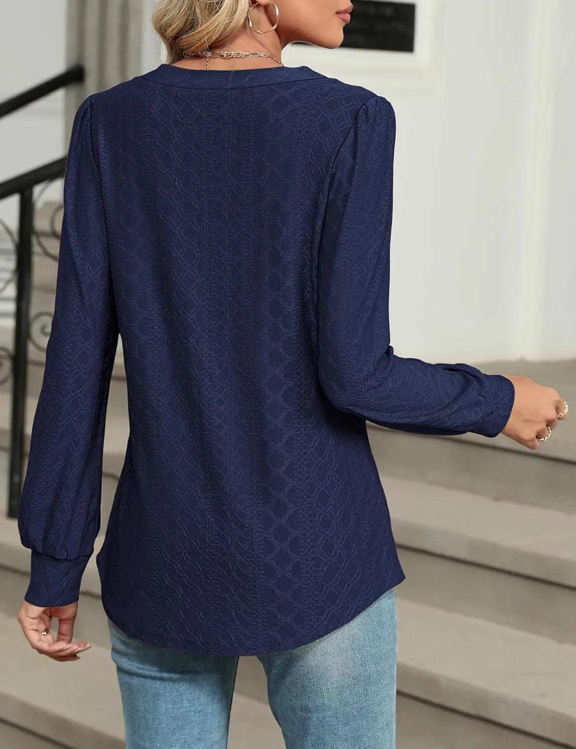 LOMON Womens Long Sleeve Tops Fall V-Neck Blouses Dressy Casual Puff Sleeve Textured T-Shirts Eyelet Tunic