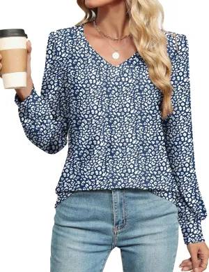 LOMON Womens Long Sleeve Tops Fall V-Neck Blouses Dressy Casual Puff Sleeve Textured T-Shirts Eyelet Tunic
