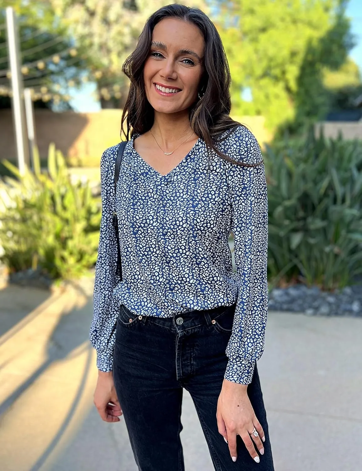 LOMON Womens Long Sleeve Tops Fall V-Neck Blouses Dressy Casual Puff Sleeve Textured T-Shirts Eyelet Tunic