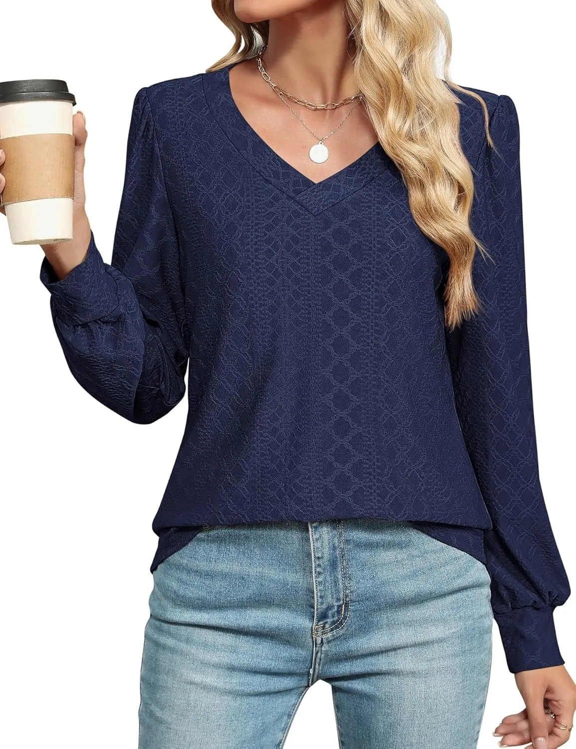 LOMON Womens Long Sleeve Tops Fall V-Neck Blouses Dressy Casual Puff Sleeve Textured T-Shirts Eyelet Tunic