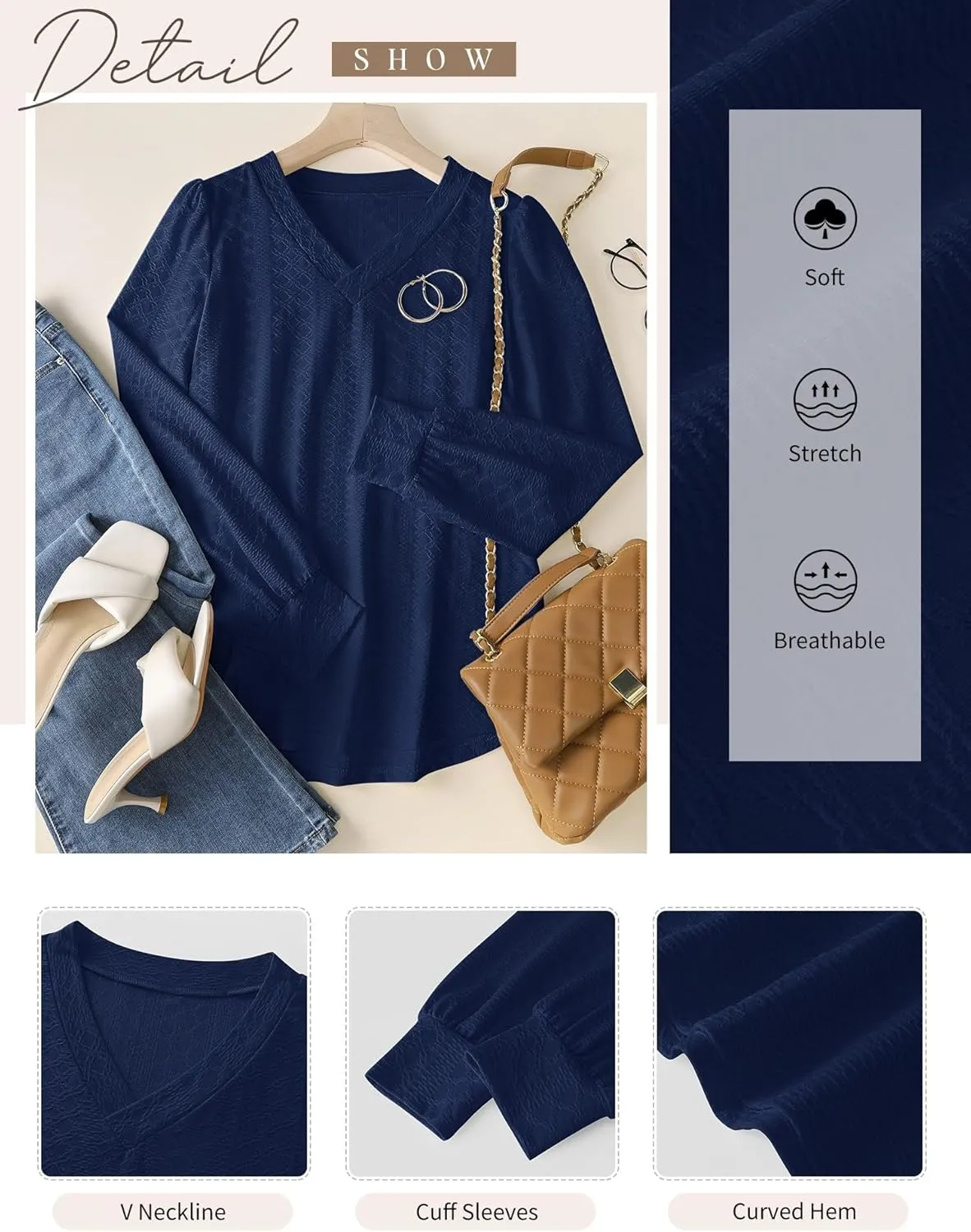LOMON Womens Long Sleeve Tops Fall V-Neck Blouses Dressy Casual Puff Sleeve Textured T-Shirts Eyelet Tunic