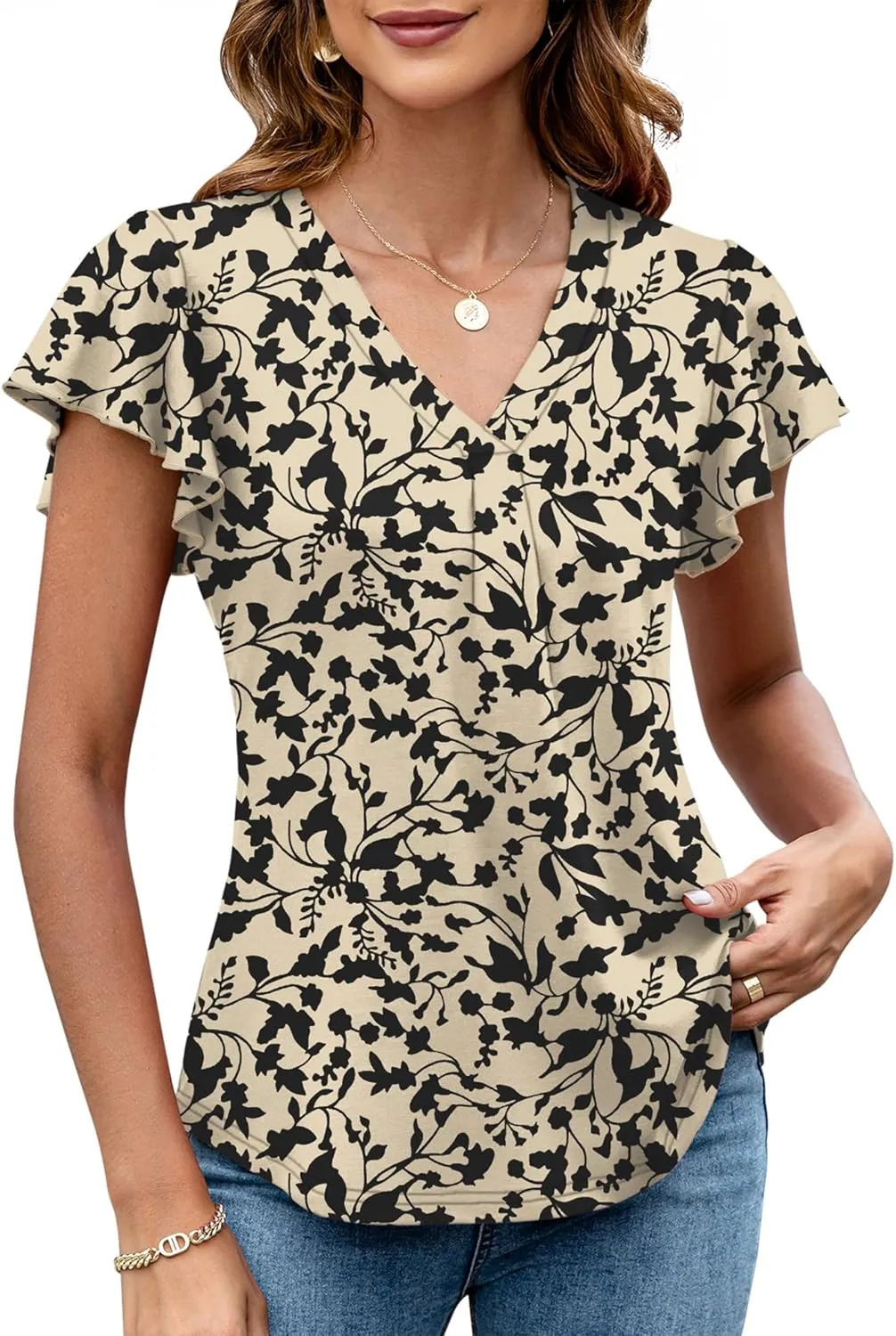 LOMON Womens Tops Dressy Casual Summer Flutter Sleeve T-Shirts Trendy Ruffle Short Sleeve Loose V-Neck Tunic Tops