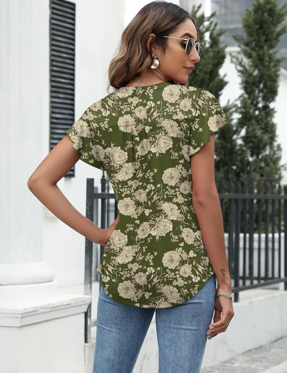 LOMON Womens Tops Dressy Casual Summer Flutter Sleeve T-Shirts Trendy Ruffle Short Sleeve Loose V-Neck Tunic Tops