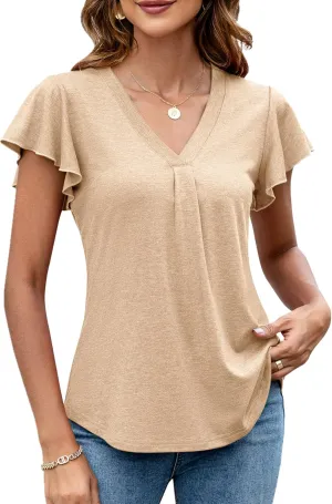 LOMON Womens Tops Dressy Casual Summer Flutter Sleeve T-Shirts Trendy Ruffle Short Sleeve Loose V-Neck Tunic Tops