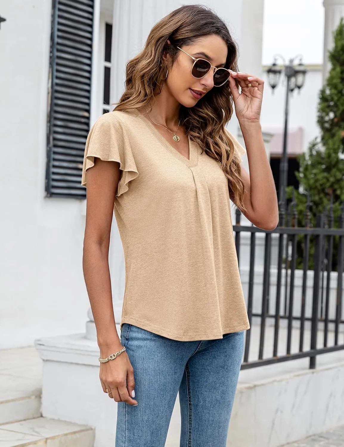 LOMON Womens Tops Dressy Casual Summer Flutter Sleeve T-Shirts Trendy Ruffle Short Sleeve Loose V-Neck Tunic Tops