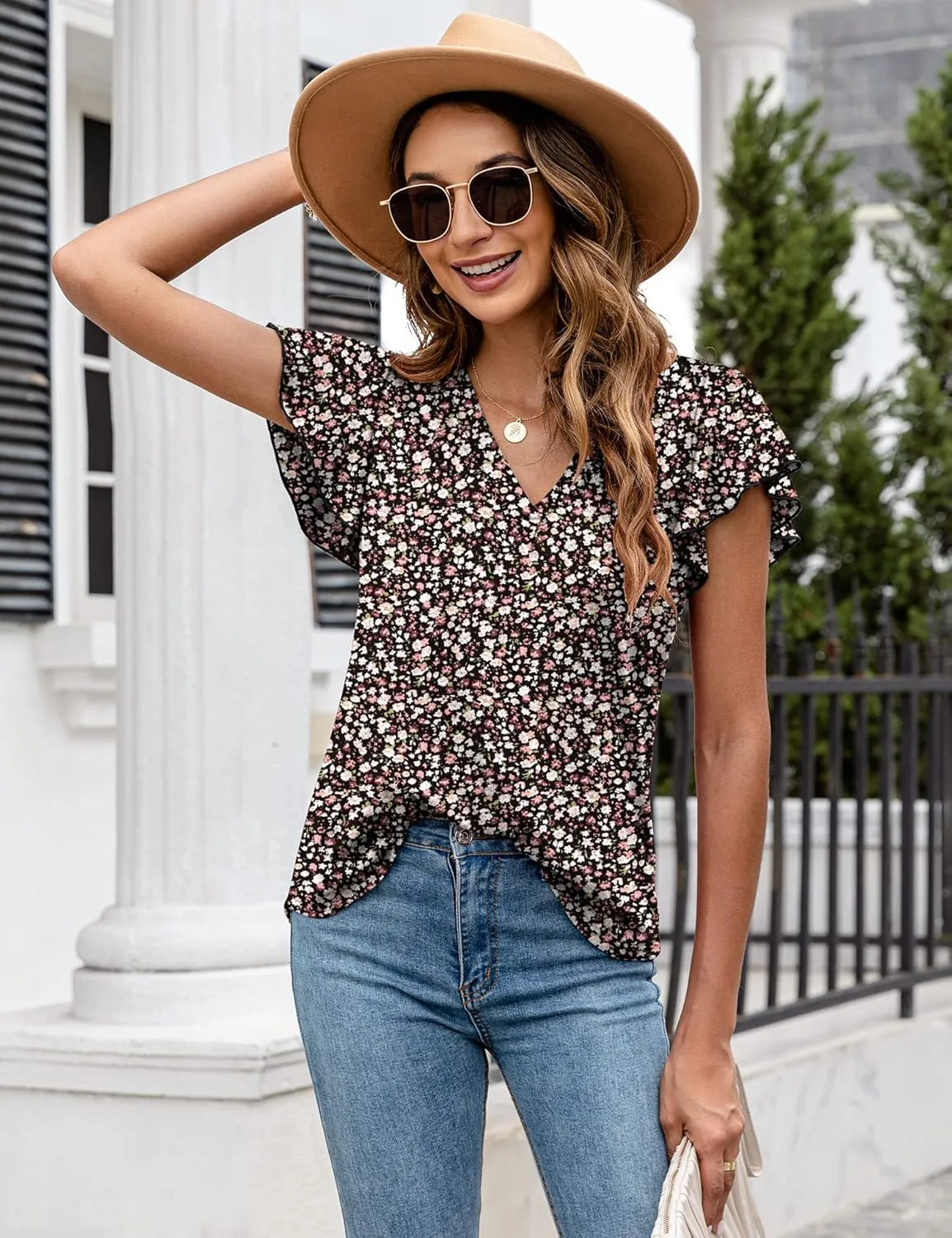 LOMON Womens Tops Dressy Casual Summer Flutter Sleeve T-Shirts Trendy Ruffle Short Sleeve Loose V-Neck Tunic Tops
