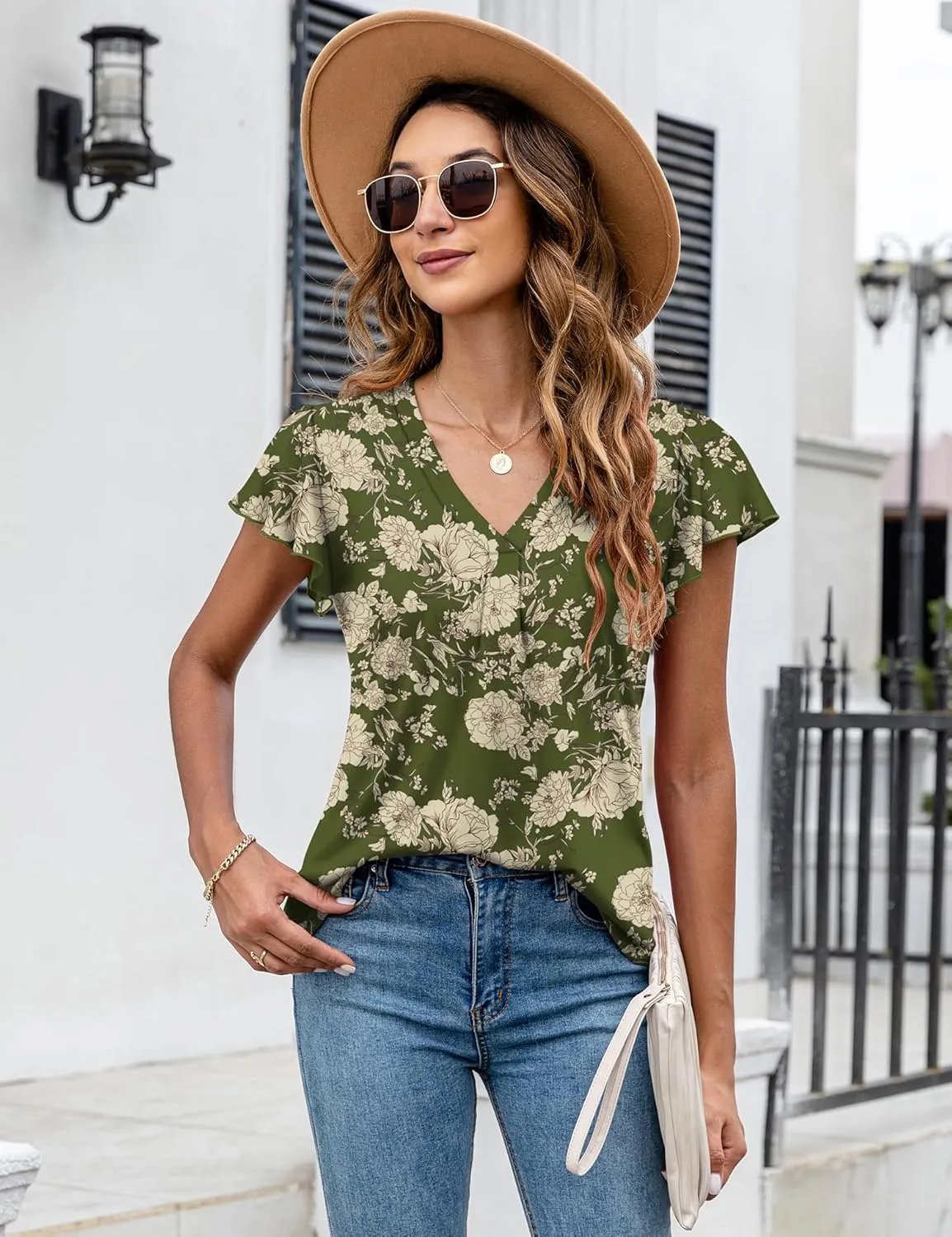 LOMON Womens Tops Dressy Casual Summer Flutter Sleeve T-Shirts Trendy Ruffle Short Sleeve Loose V-Neck Tunic Tops