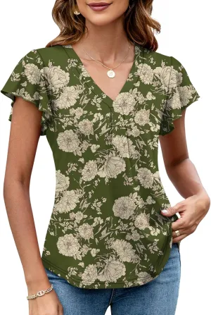 LOMON Womens Tops Dressy Casual Summer Flutter Sleeve T-Shirts Trendy Ruffle Short Sleeve Loose V-Neck Tunic Tops