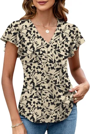 LOMON Womens Tops Dressy Casual Summer Flutter Sleeve T-Shirts Trendy Ruffle Short Sleeve Loose V-Neck Tunic Tops