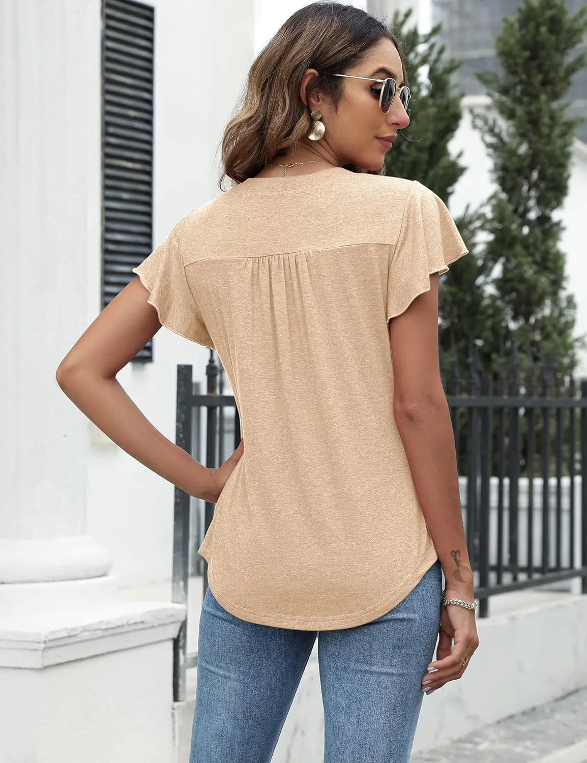 LOMON Womens Tops Dressy Casual Summer Flutter Sleeve T-Shirts Trendy Ruffle Short Sleeve Loose V-Neck Tunic Tops