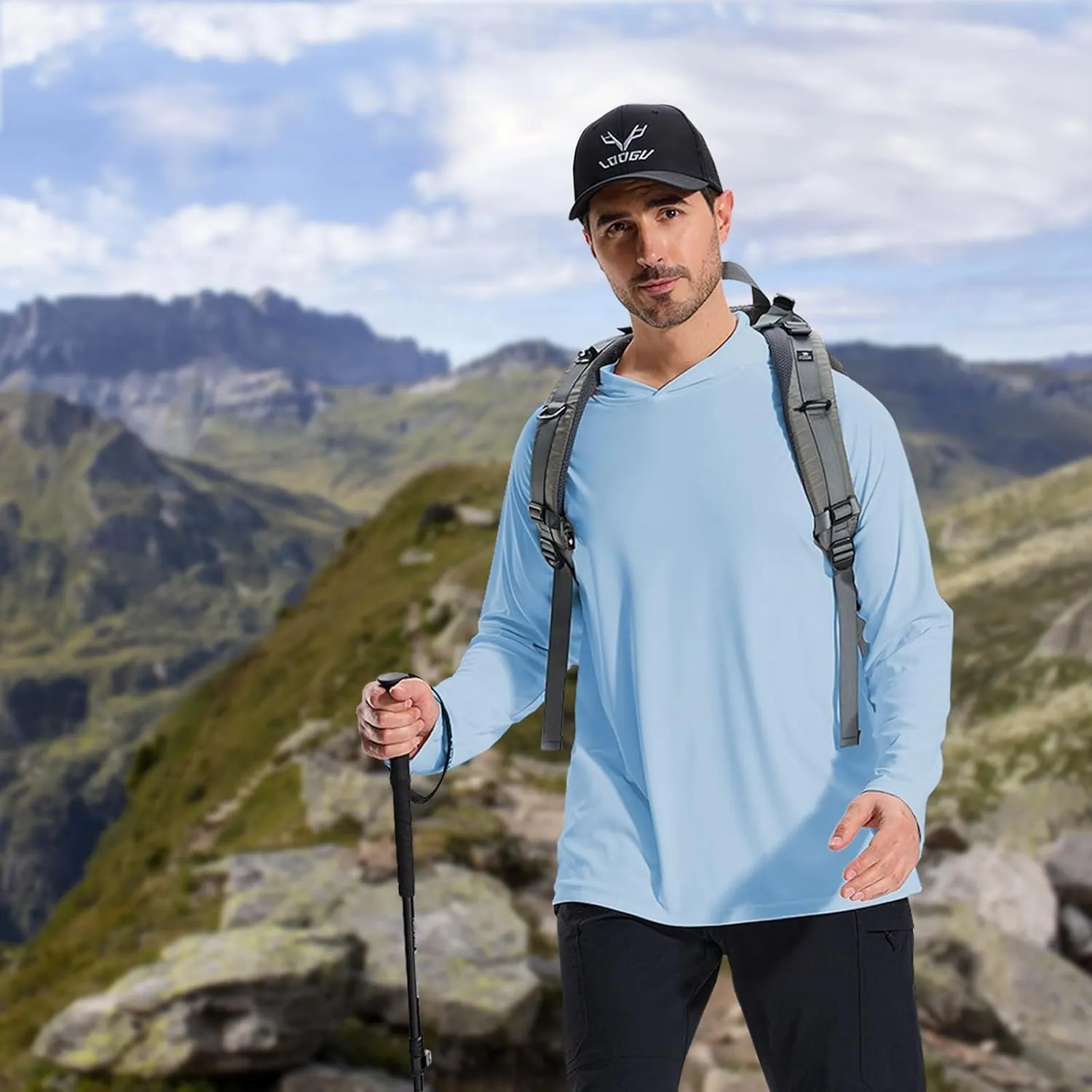 LOOGU Men's UPF 50  Sun Protection Hoodie Shirt Long Sleeve Rash Guard SPF T-Shirts for Fishing Hiking