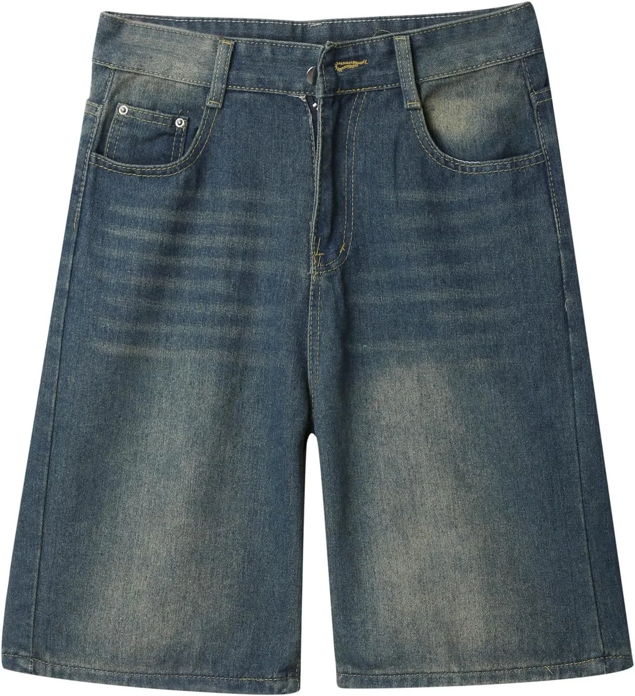 Men Baggy Denim Jorts Y2K Vintage Loose Hip Hop Jean Shorts Wide Leg Long Jeans with Pockets Streetwear