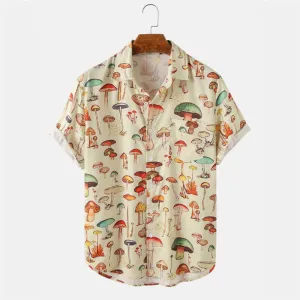 Men's Short Sleeve Hawaiian Shirt Summer Fashion Turn-down Button Cartoon Mushroom Beach Printed Shirt for Men Casual Streetwear