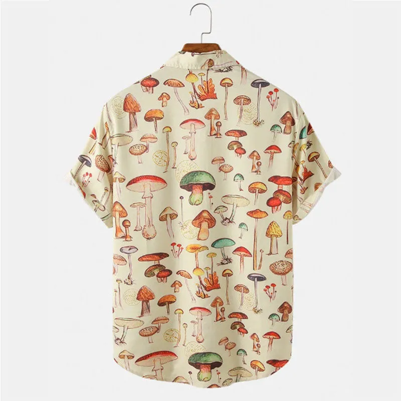 Men's Short Sleeve Hawaiian Shirt Summer Fashion Turn-down Button Cartoon Mushroom Beach Printed Shirt for Men Casual Streetwear