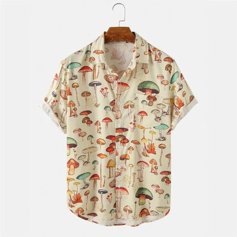 Men's Short Sleeve Hawaiian Shirt Summer Fashion Turn-down Button Cartoon Mushroom Beach Printed Shirt for Men Casual Streetwear