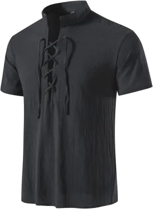 Men's Vintage Pirate Medieval Shirts Lace up Stand Collar Short Sleeve Viking Costume Tops