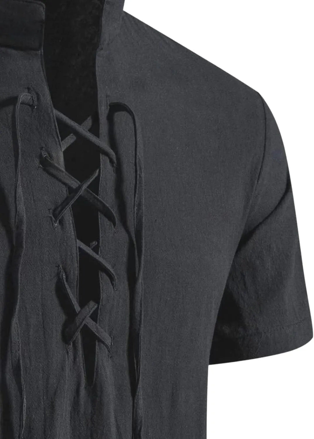 Men's Vintage Pirate Medieval Shirts Lace up Stand Collar Short Sleeve Viking Costume Tops