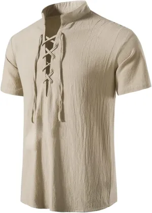 Men's Vintage Pirate Medieval Shirts Lace up Stand Collar Short Sleeve Viking Costume Tops