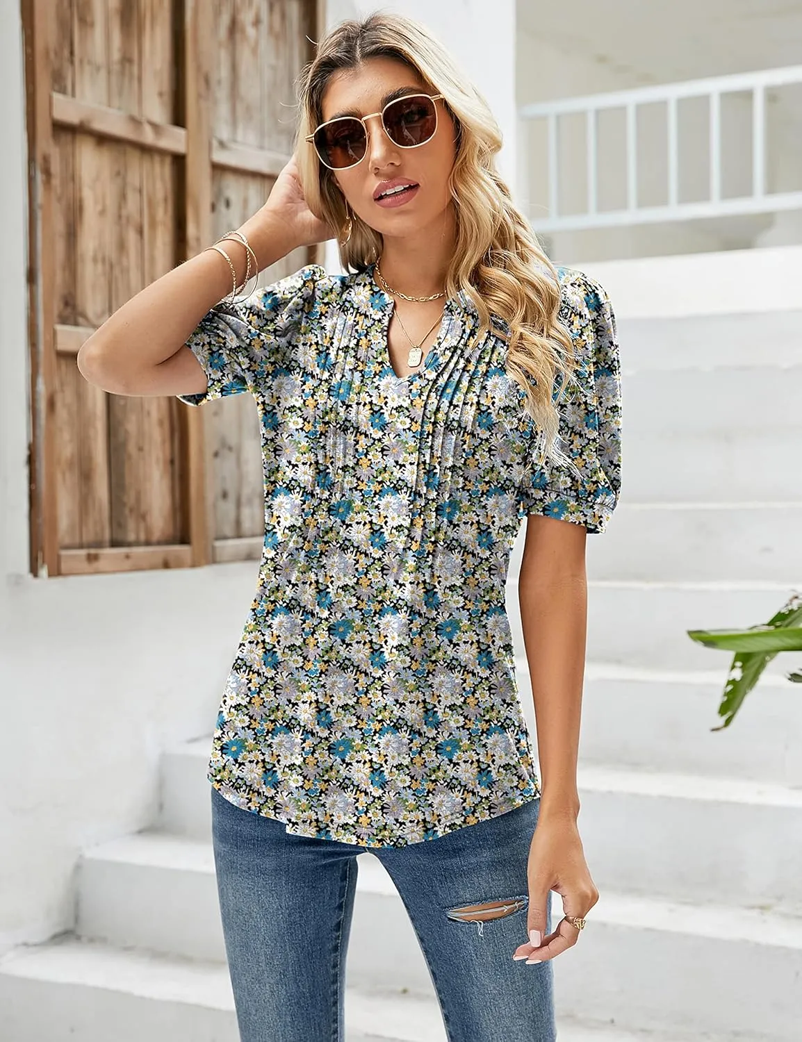 Micoson Womens V Neck Puff Short Sleeve Pleated T Shirts Fashion Summer Tops Casual Tunic Blouse