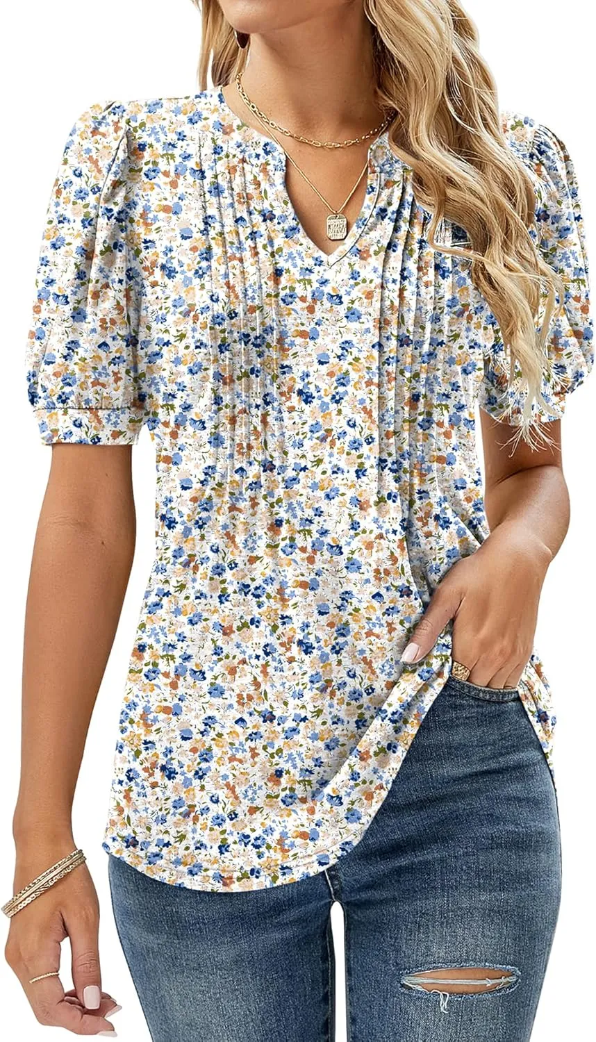 Micoson Womens V Neck Puff Short Sleeve Pleated T Shirts Fashion Summer Tops Casual Tunic Blouse