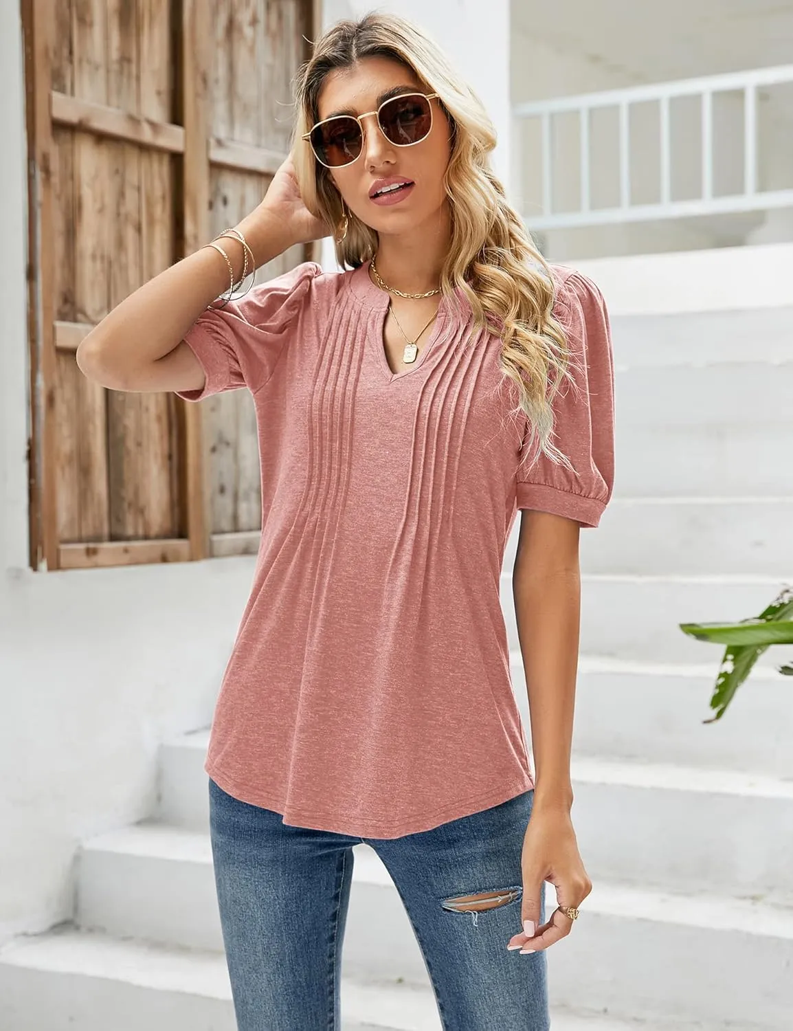 Micoson Womens V Neck Puff Short Sleeve Pleated T Shirts Fashion Summer Tops Casual Tunic Blouse