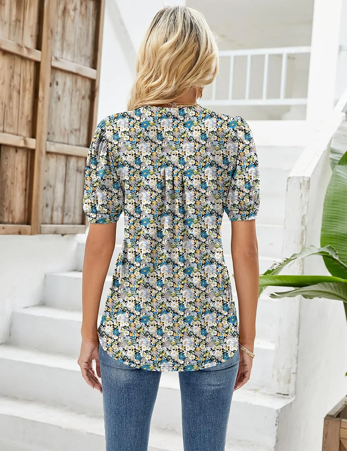 Micoson Womens V Neck Puff Short Sleeve Pleated T Shirts Fashion Summer Tops Casual Tunic Blouse