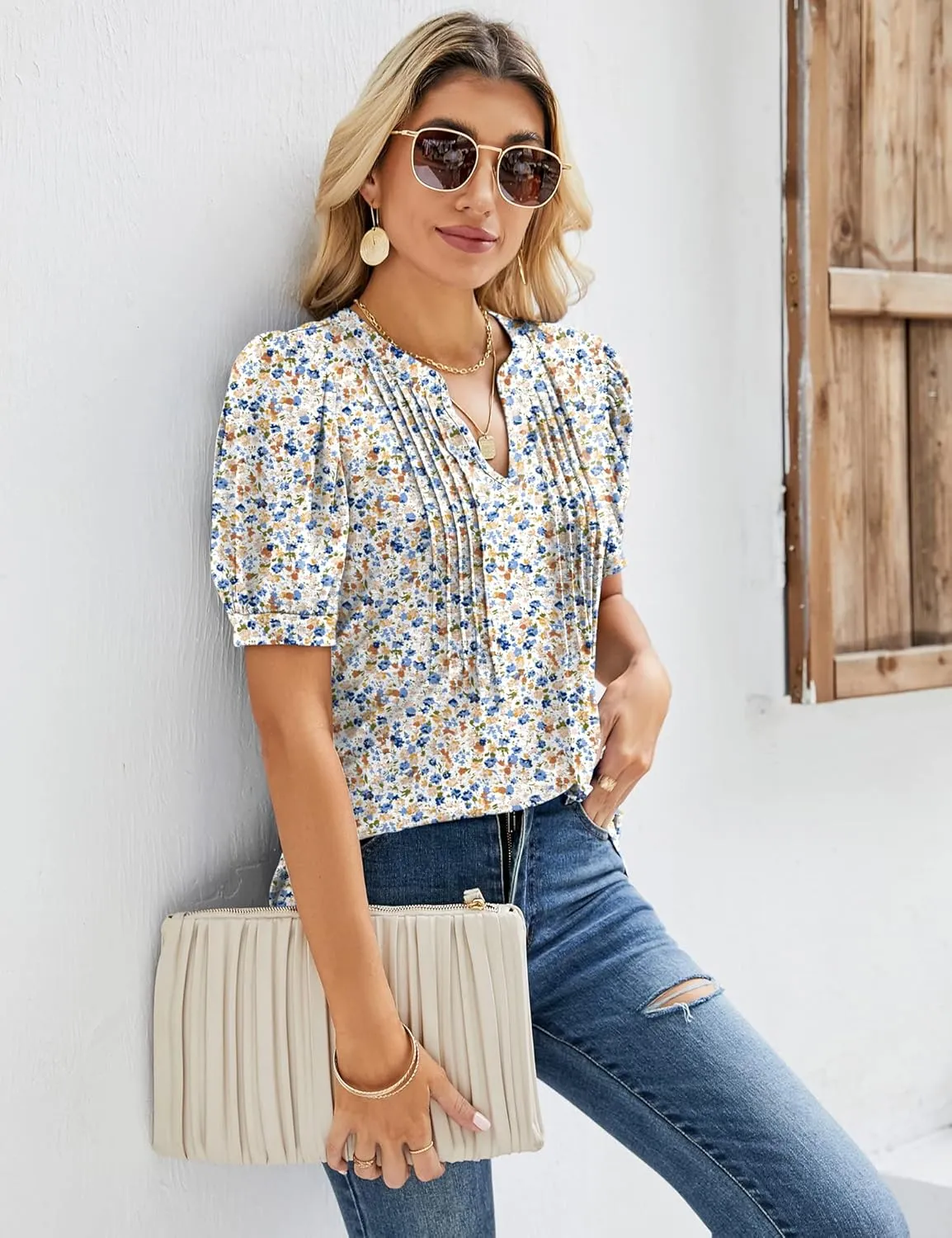 Micoson Womens V Neck Puff Short Sleeve Pleated T Shirts Fashion Summer Tops Casual Tunic Blouse
